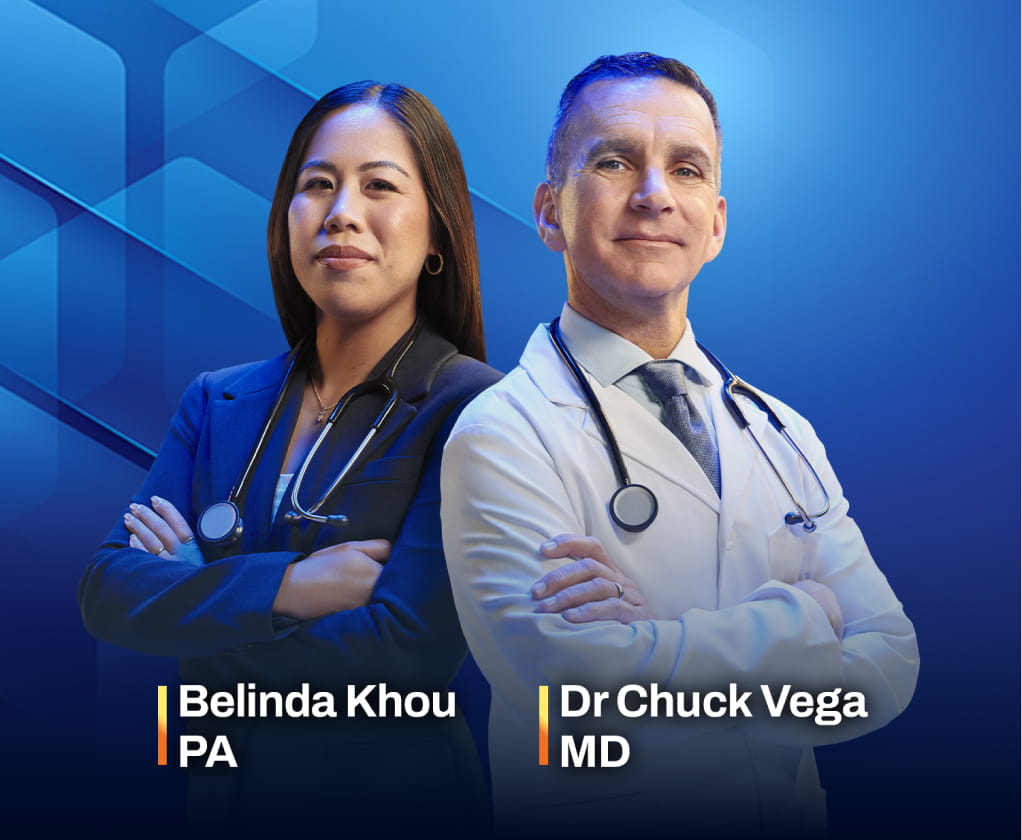 Belinda Khou, PA, and Dr Chuck Vega, MD, standing in front of a blue background.